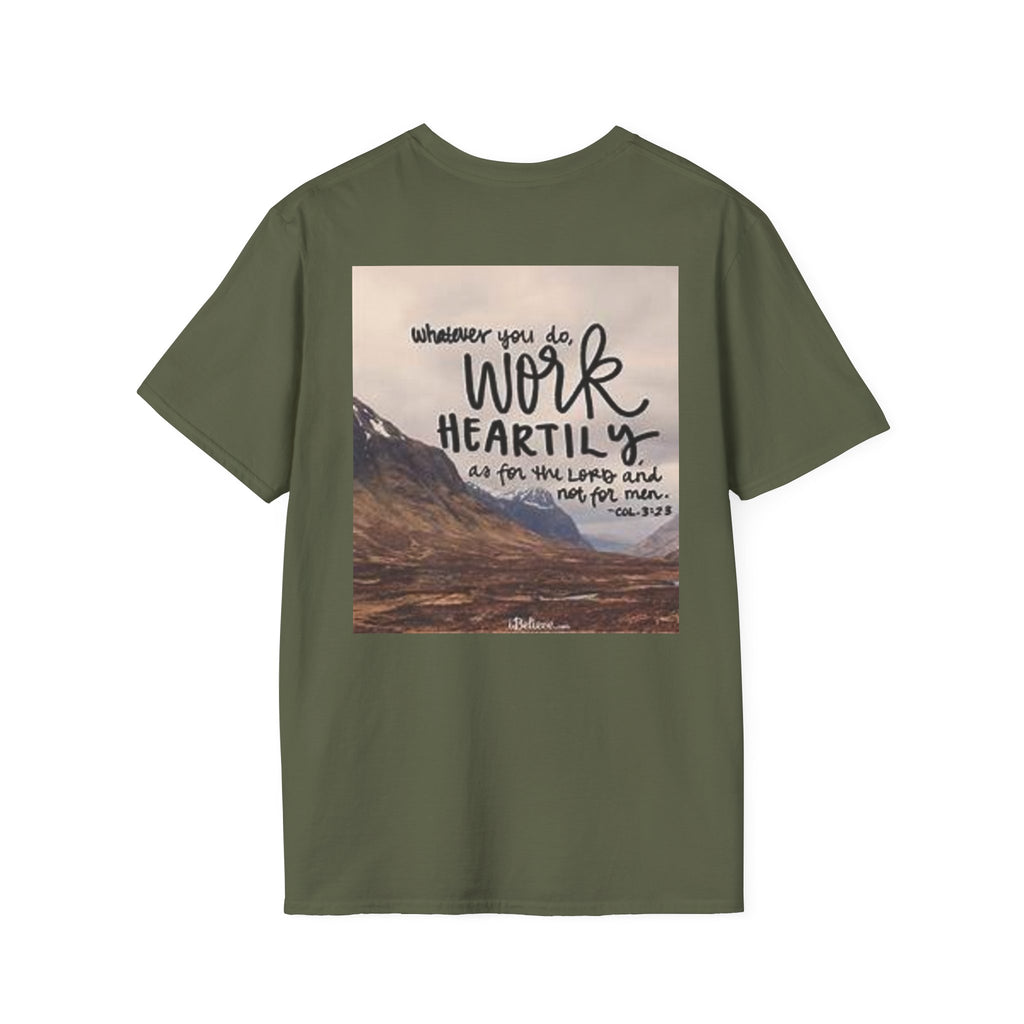 Work Heartily T-Shirt — Inspirational Christian Verse Tee (Colossians 3:23)