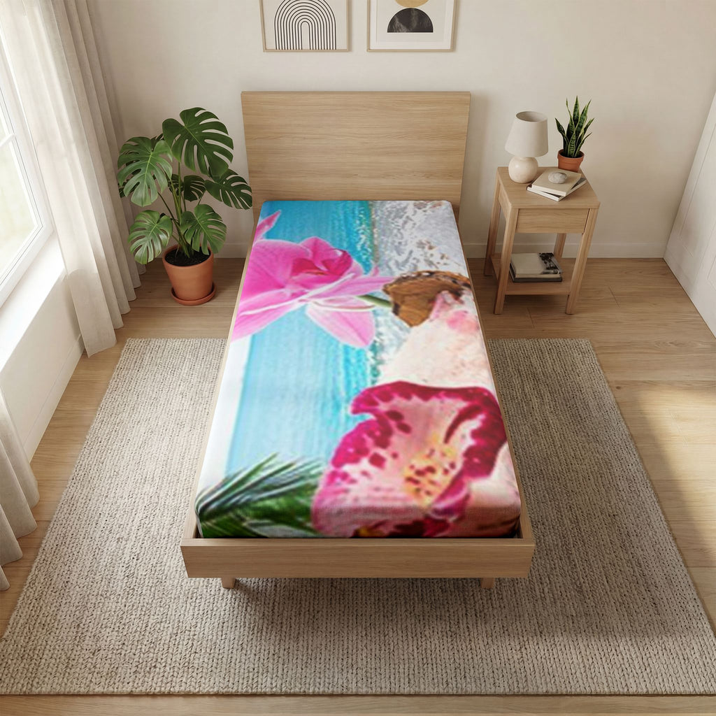 Tropical Beach Fitted Sheet — Pink Orchid & Ocean Print