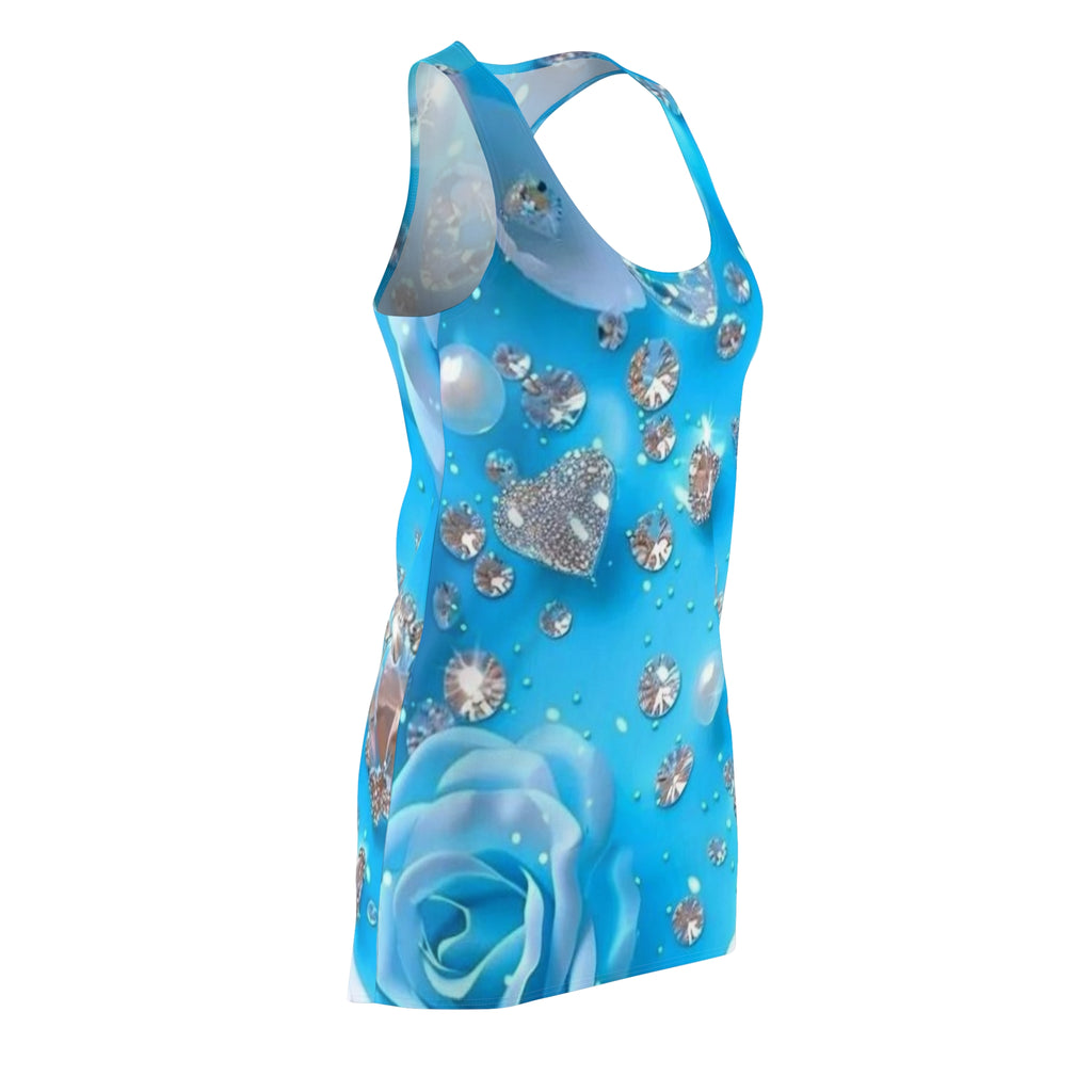 Blue Diamond Rose Racerback Dress — Rhinestone & Pearl All-Over Print