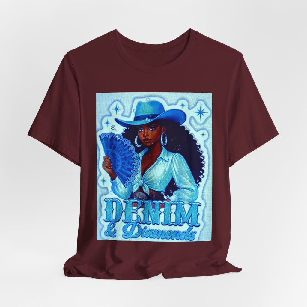 Denim & Diamonds Graphic T‑Shirt — Retro Blue Cowgirl Design
