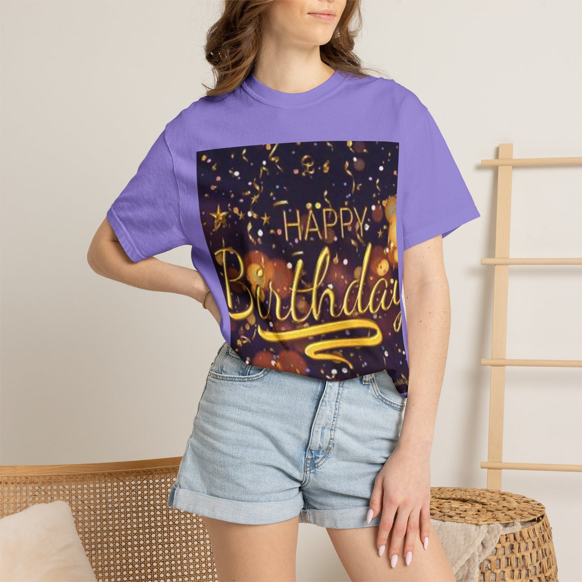 Birthday T-Shirt — Gold Confetti "Happy Birthday" Tee