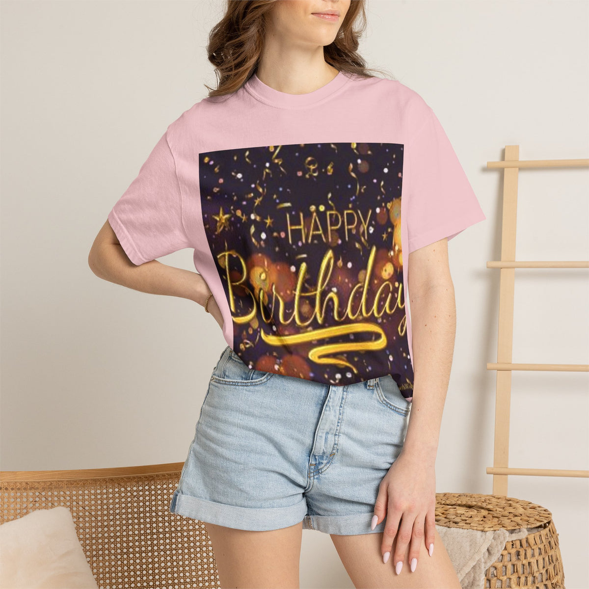 Birthday T-Shirt — Gold Confetti "Happy Birthday" Tee
