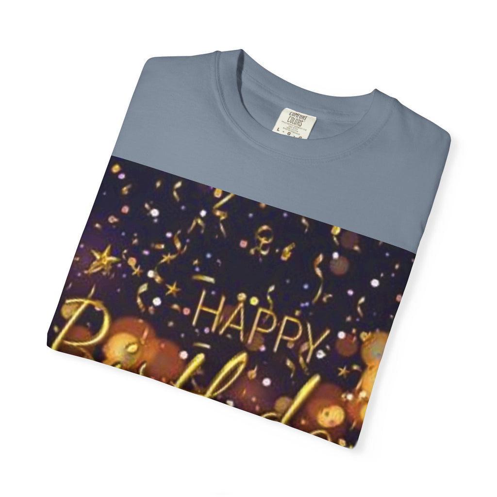 Birthday T-Shirt — Gold Confetti "Happy Birthday" Tee