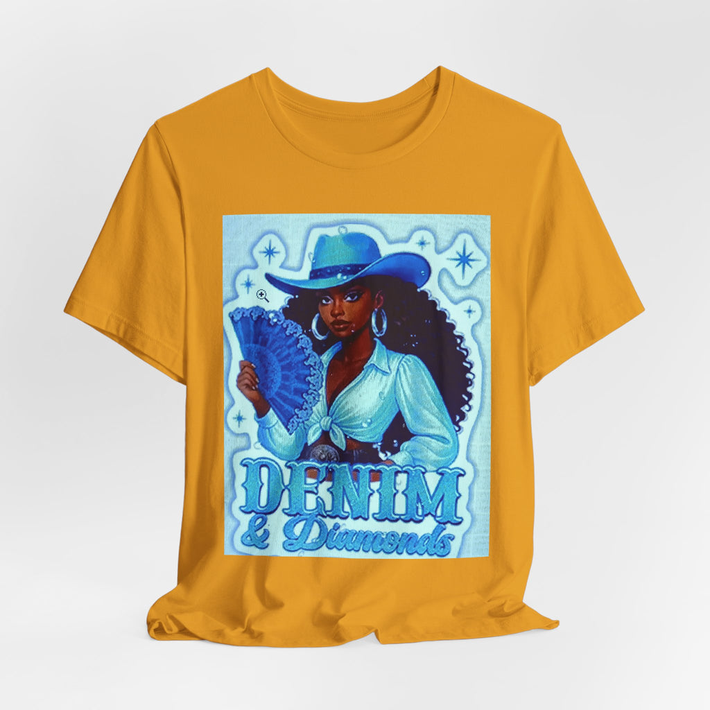 Denim & Diamonds Graphic T‑Shirt — Retro Blue Cowgirl Design