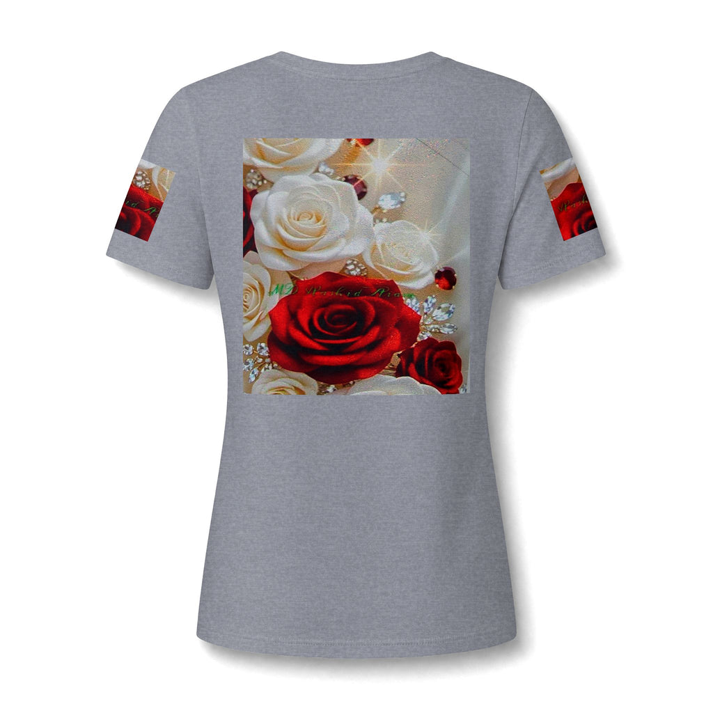 Women's V-Neck Tee — Red & White Rose Bouquet Graphic