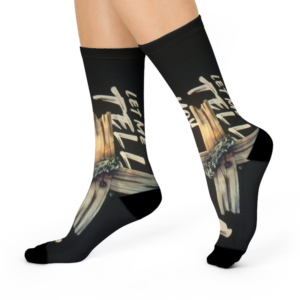 Cushioned Crew Socks — 'Let Me Tell You About My Jesus' Cross Inspirational Christian Socks