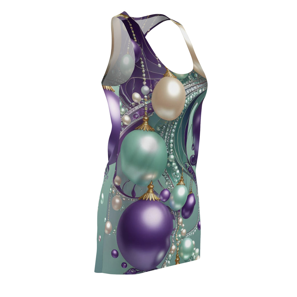 Ornament Cascade Racerback Dress — Teal, Purple & Pearl Holiday Print