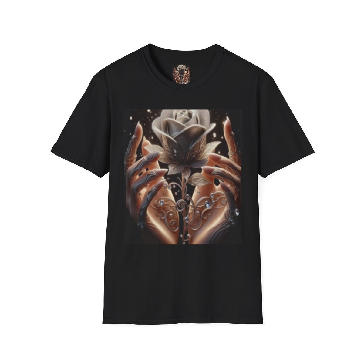 Floral Mystic Rose T‑Shirt — Ethereal Hands & Black Rose Graphic Tee