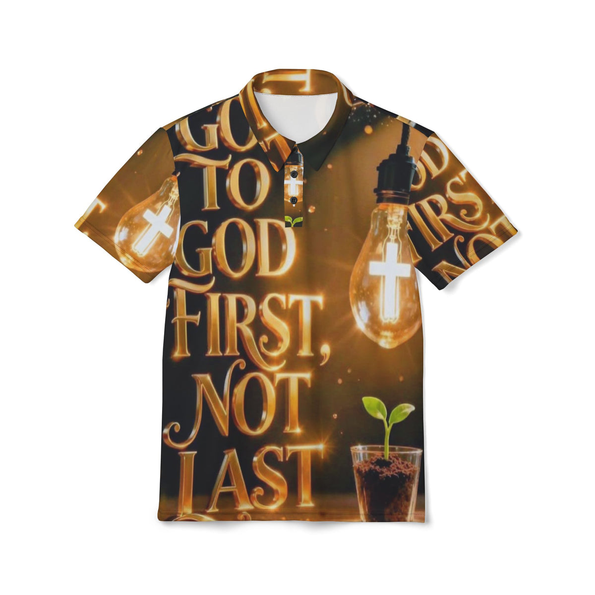 Faith-Focused Polo Shirt — “God First, Not Last” All-Over Print