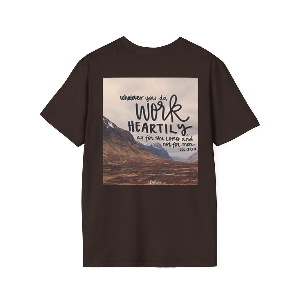 Work Heartily T-Shirt — Inspirational Christian Verse Tee (Colossians 3:23)
