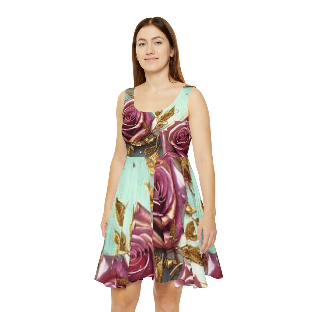 Rose Garden Skater Dress — Vintage Pink & Gold Floral AOP