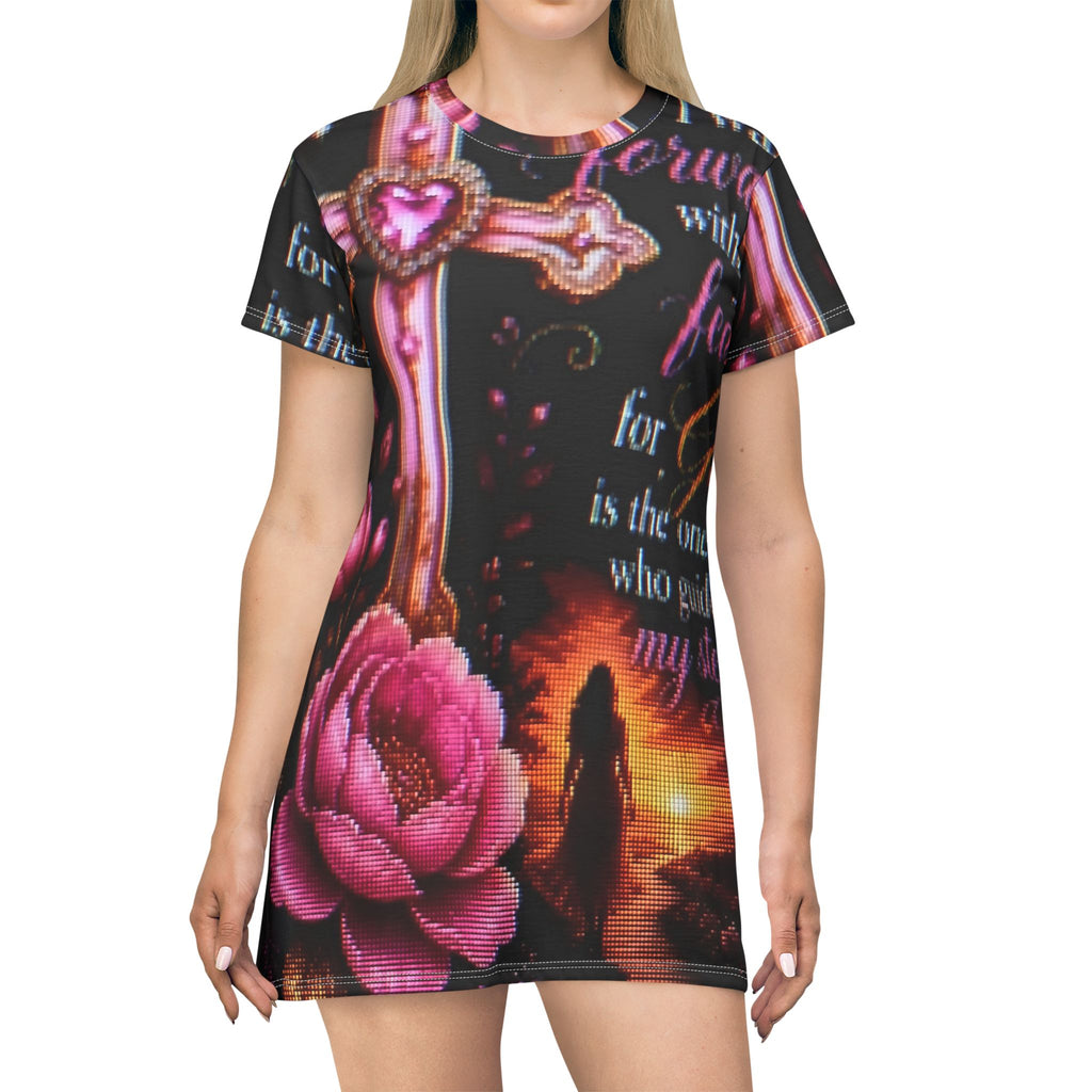 Christian Cross Floral T-Shirt Dress — Inspirational "I Walk Forward With No Fear" AOP