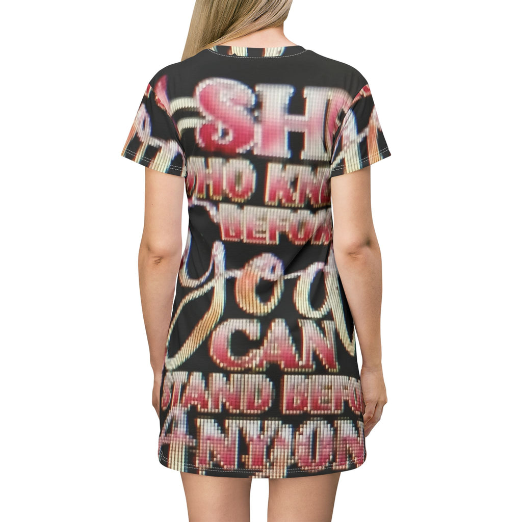 Christian Graphic T-Shirt Dress — "She Who Kneels Before God Can Stand Before Anyone"