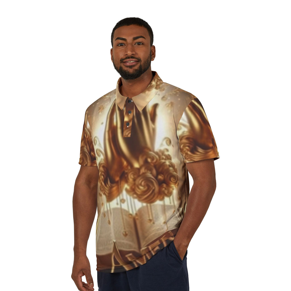 Religious Gold Floral Polo Shirt — "Amen" All-Over Print