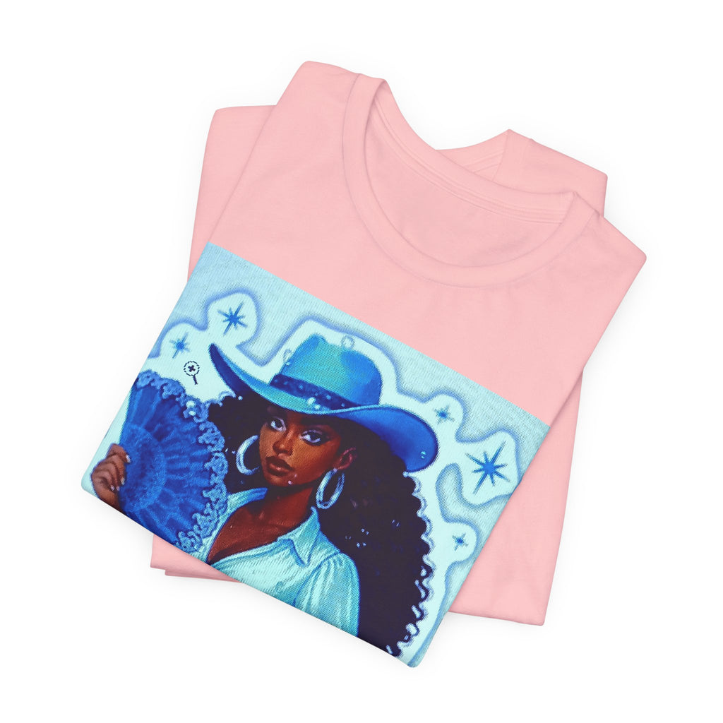 Denim & Diamonds Graphic T‑Shirt — Retro Blue Cowgirl Design