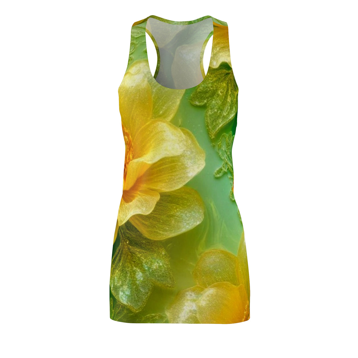 Floral Yellow Green Racerback Dress – All-Over Print Sunflower Garden