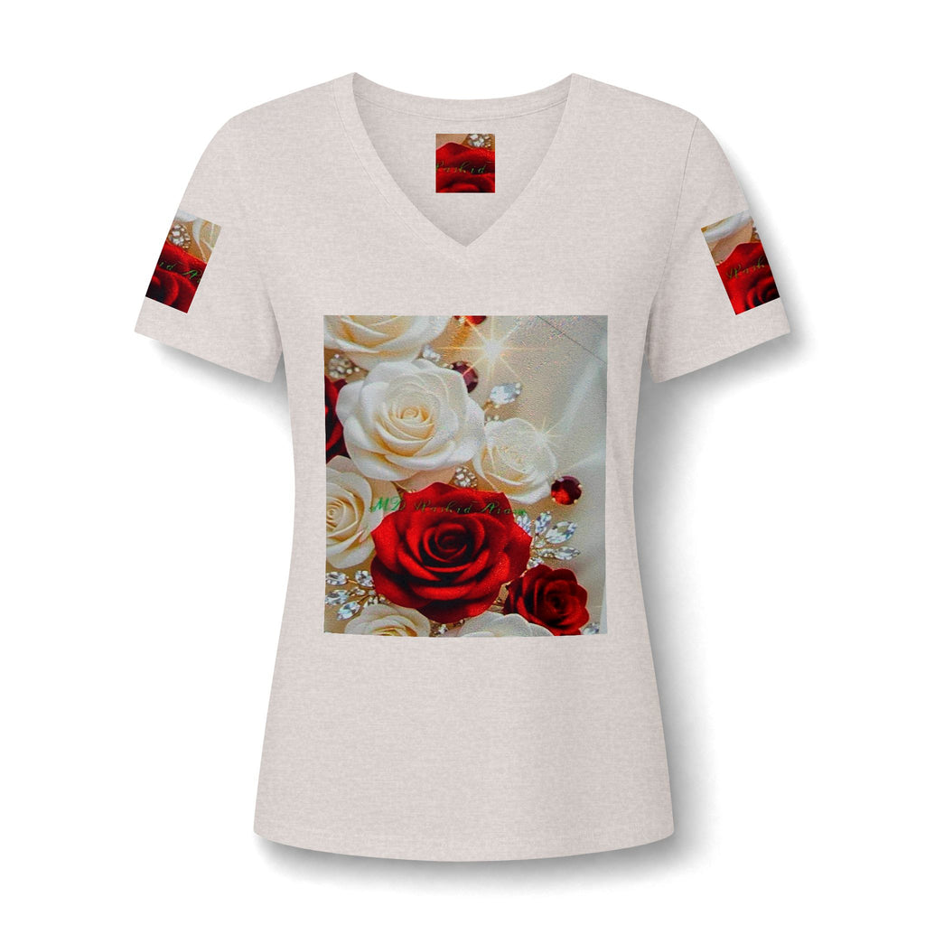Women's V-Neck Tee — Red & White Rose Bouquet Graphic