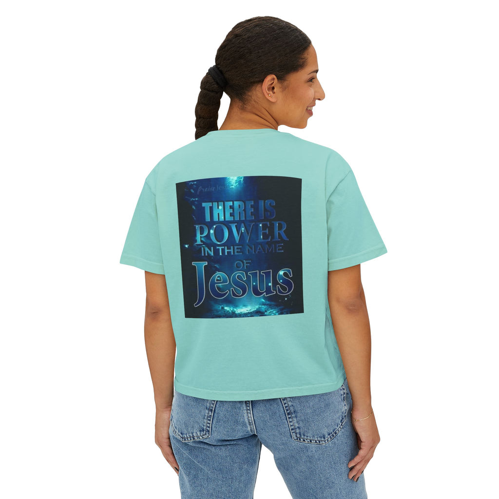 Christian Boxy Tee — "There Is Power in the Name of Jesus" Inspirational Women's Shirt