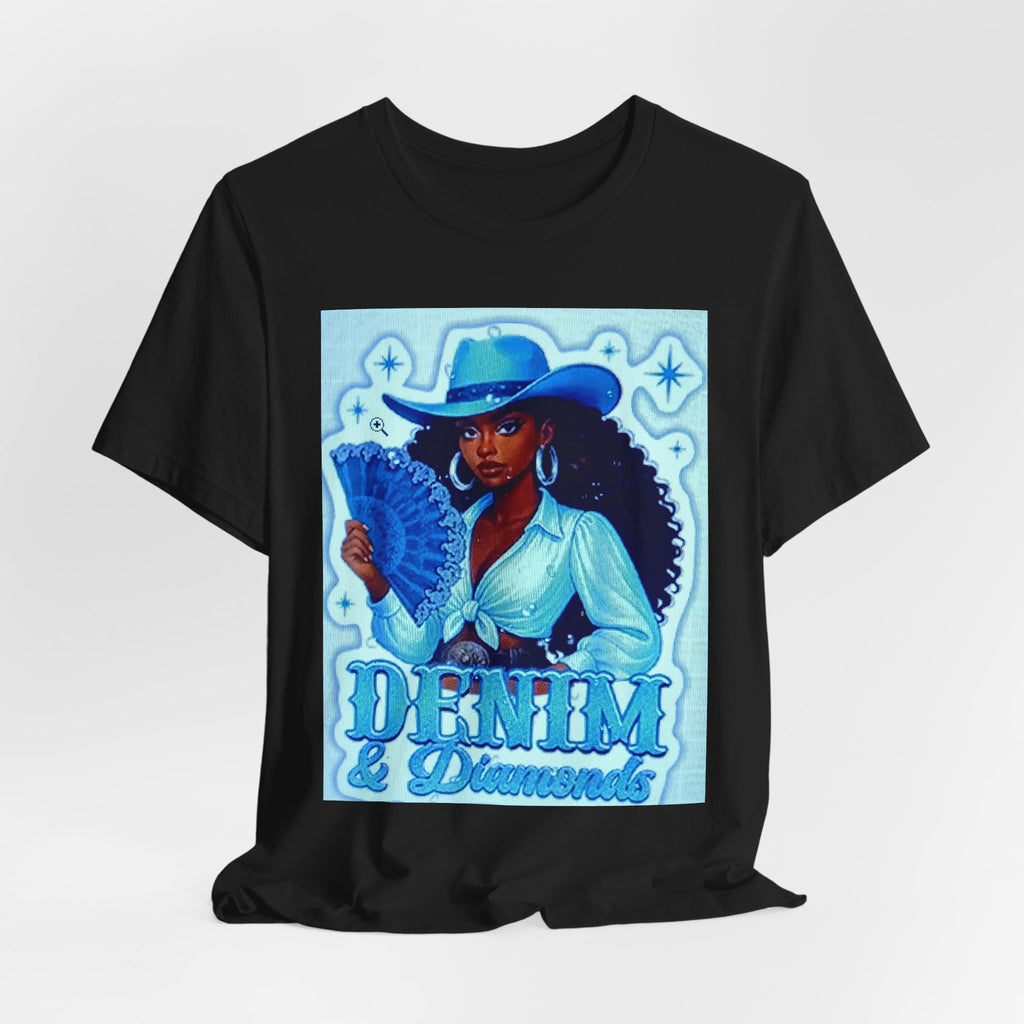 Denim & Diamonds Graphic T‑Shirt — Retro Blue Cowgirl Design
