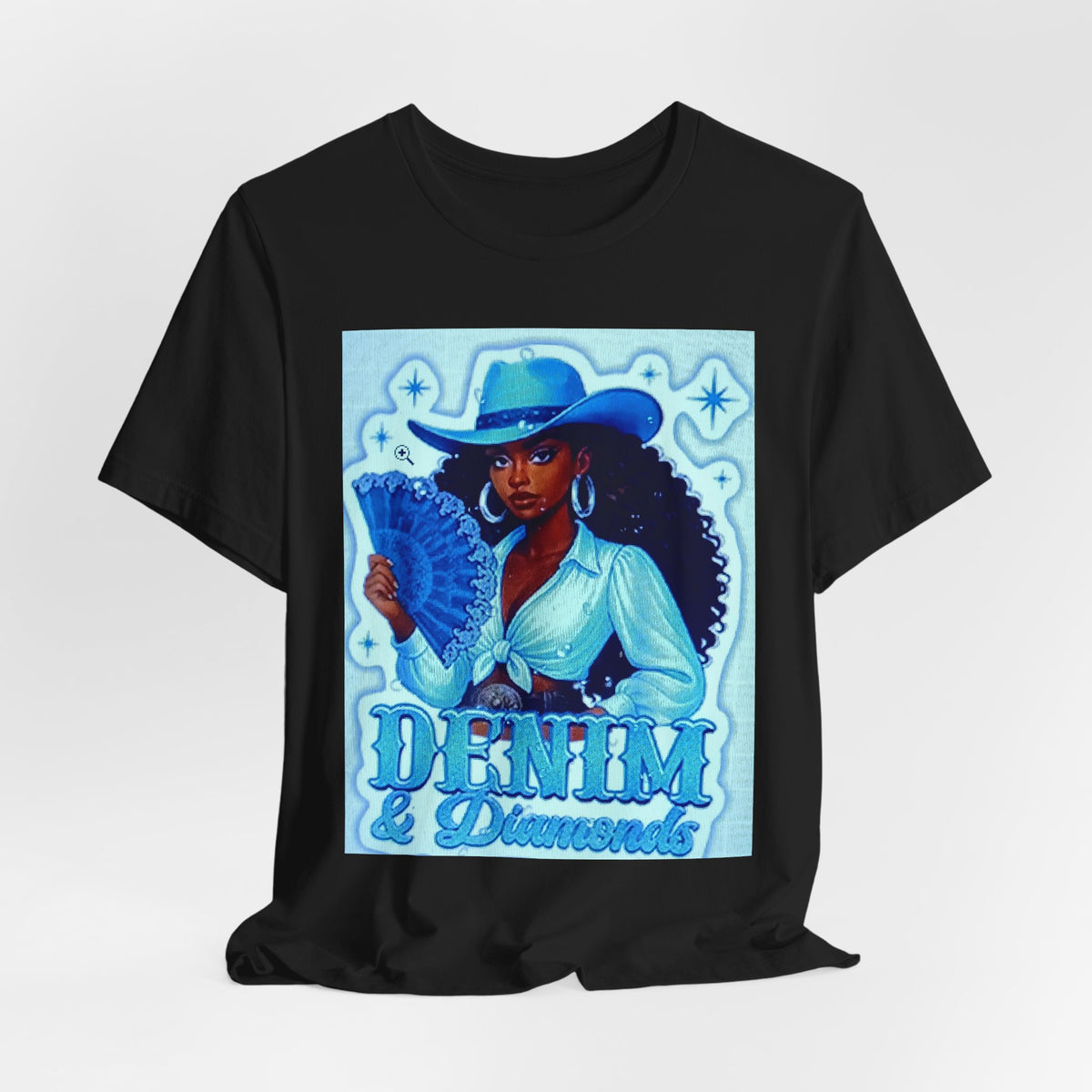 Denim & Diamonds Graphic T‑Shirt — Retro Blue Cowgirl Design