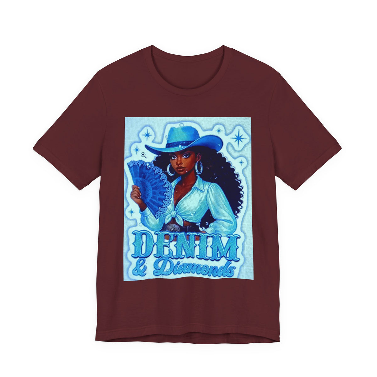 Denim & Diamonds Graphic T‑Shirt — Retro Blue Cowgirl Design