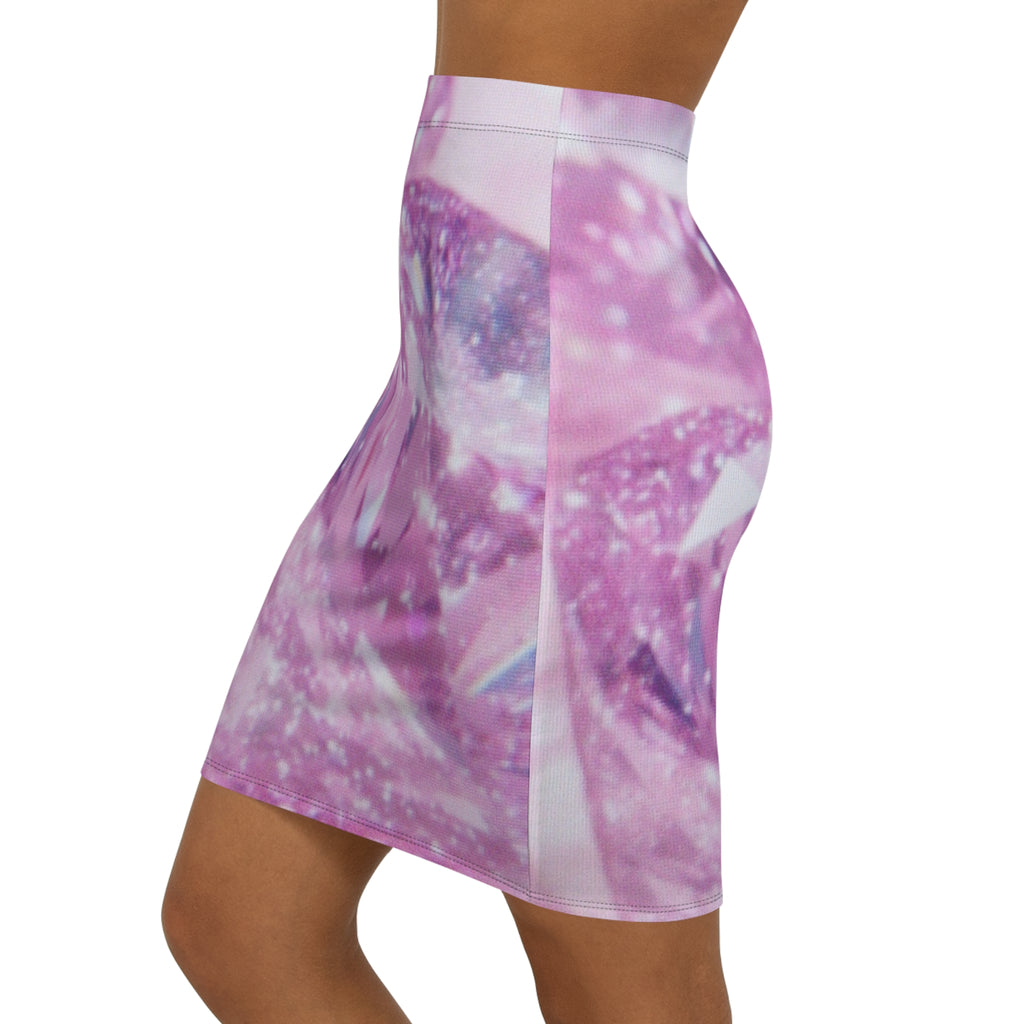 Pink Sparkle Diamond Print Pencil Skirt — Women’s Mid-Waist Glam Bodycon