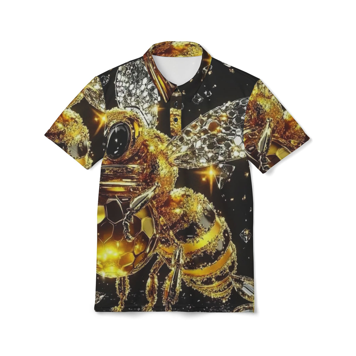 Golden Bee All-Over Print Polo — Shiny Honeycomb Nature Tee