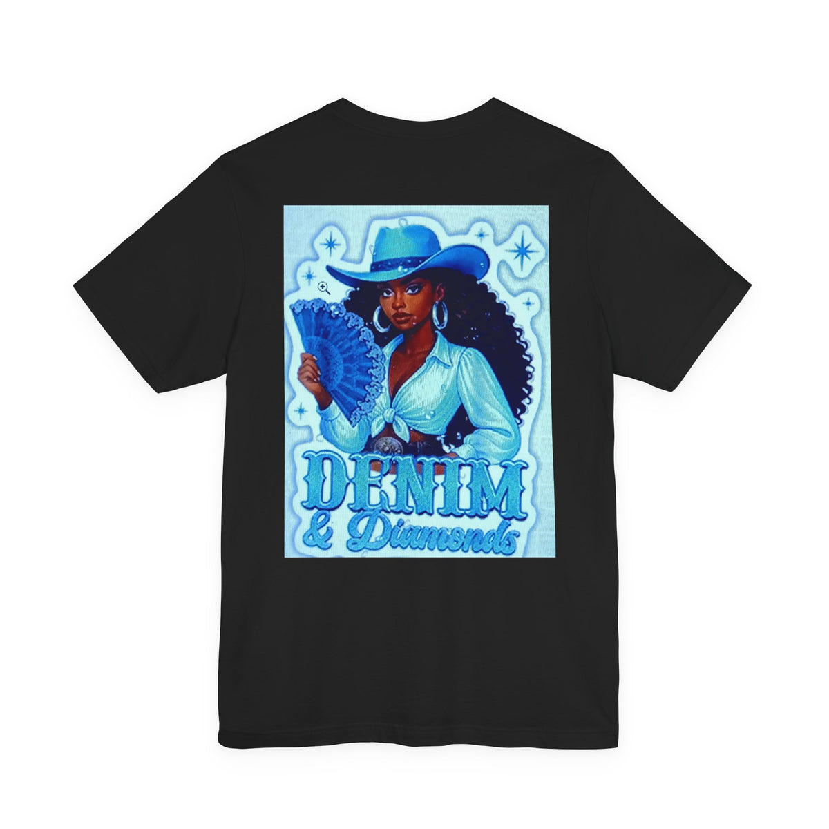 Denim & Diamonds Graphic T‑Shirt — Retro Blue Cowgirl Design