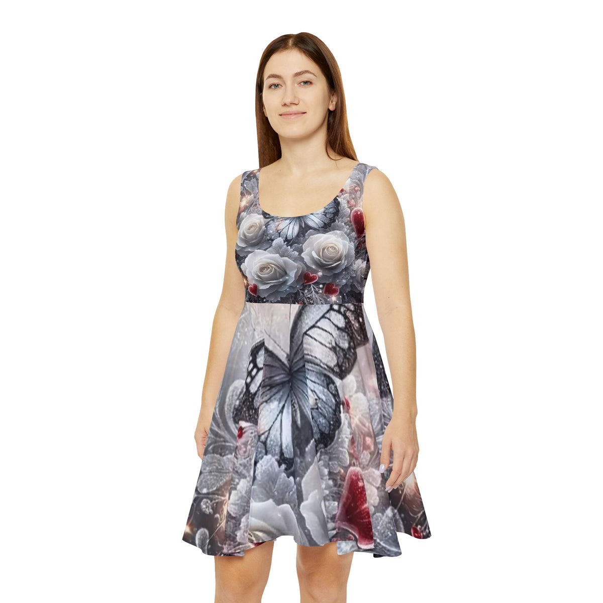 Butterfly & Rose Skater Dress — Romantic Floral Heart Pattern