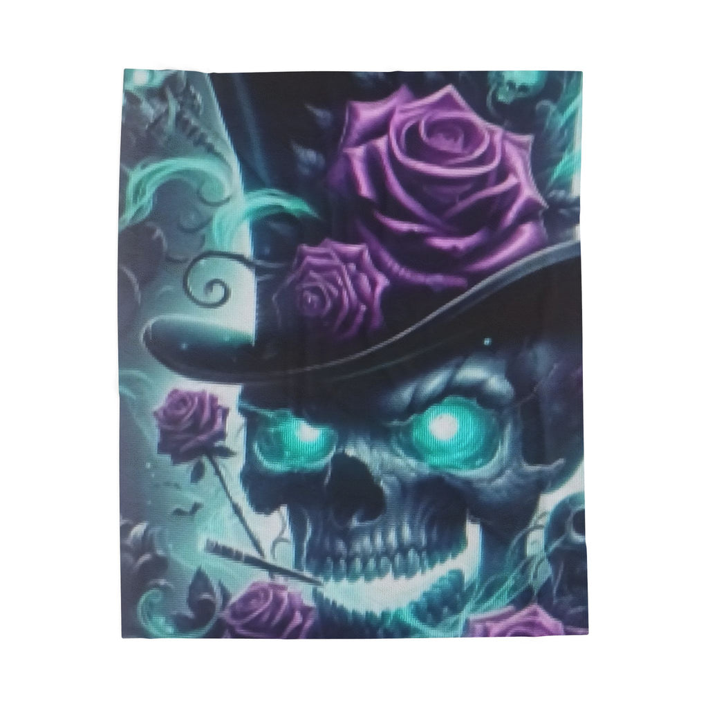 Velveteen Plush Blanket — Neon Skull with Purple Roses Throw