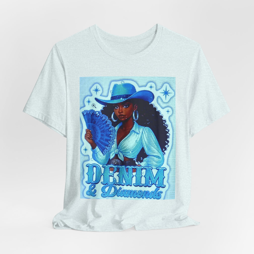 Denim & Diamonds Graphic T‑Shirt — Retro Blue Cowgirl Design