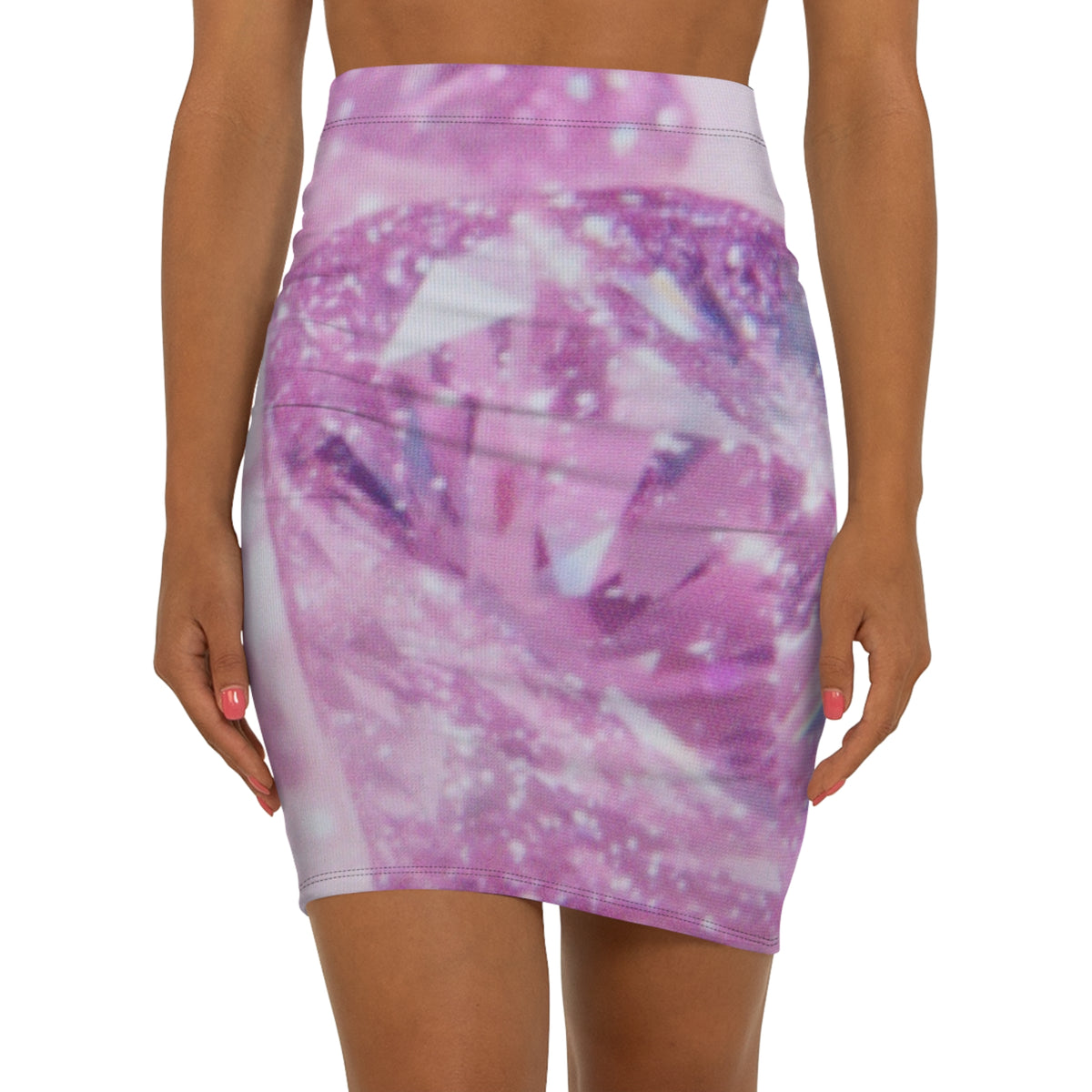 Pink Sparkle Diamond Print Pencil Skirt — Women’s Mid-Waist Glam Bodycon