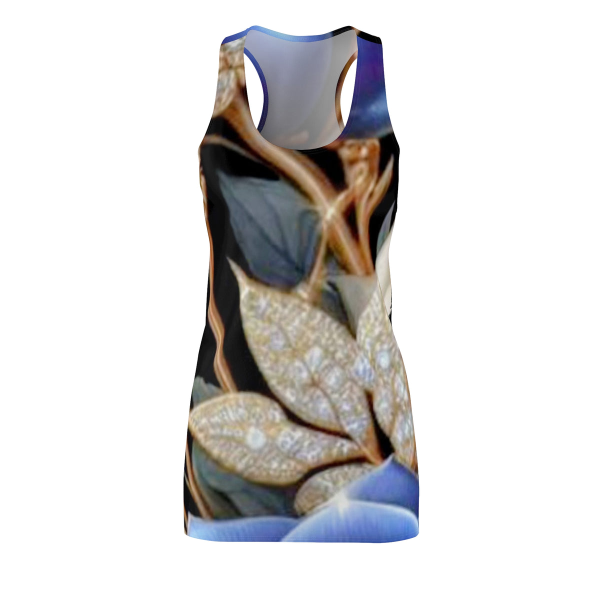 Racerback Dress — Elegant Blue Floral & Gold Leaf All-Over Print