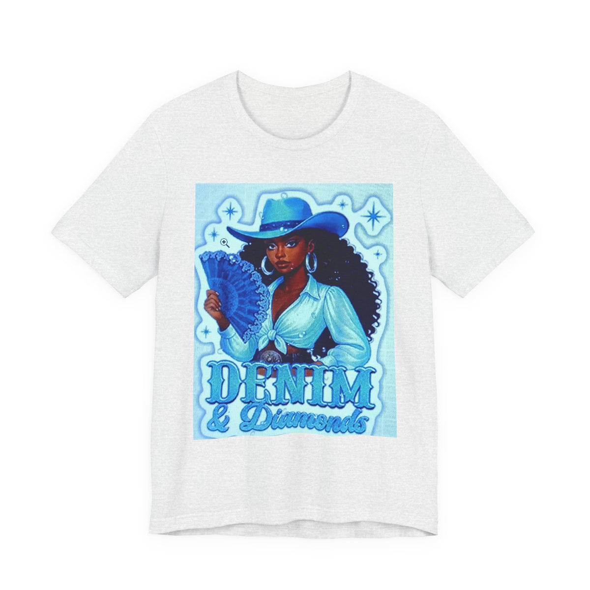 Denim & Diamonds Graphic T‑Shirt — Retro Blue Cowgirl Design