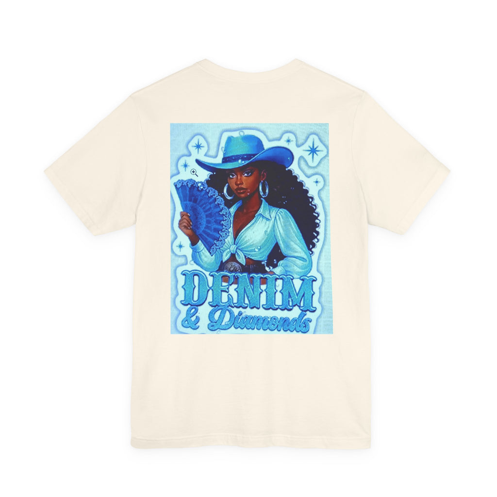 Denim & Diamonds Graphic T‑Shirt — Retro Blue Cowgirl Design