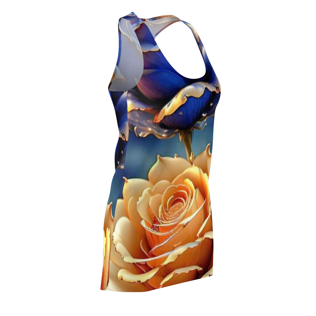 Floral Racerback Dress — Vibrant Blue & Orange Rose All-Over Print