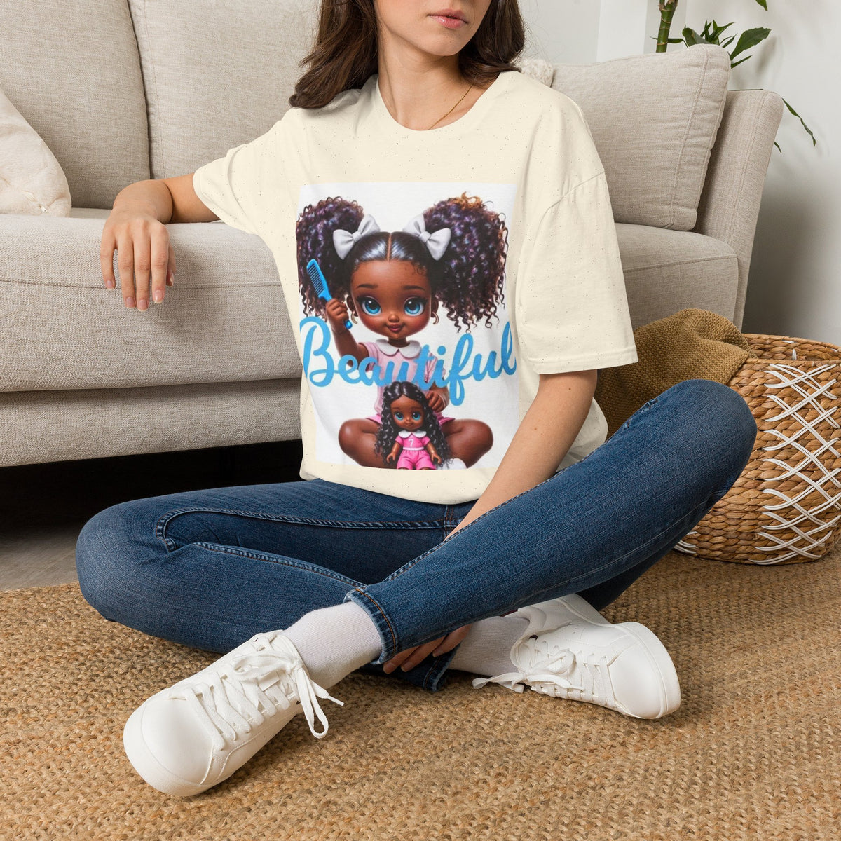 T-Shirt — "Beautiful" Cute Curly-Haired Doll Illustration Tee