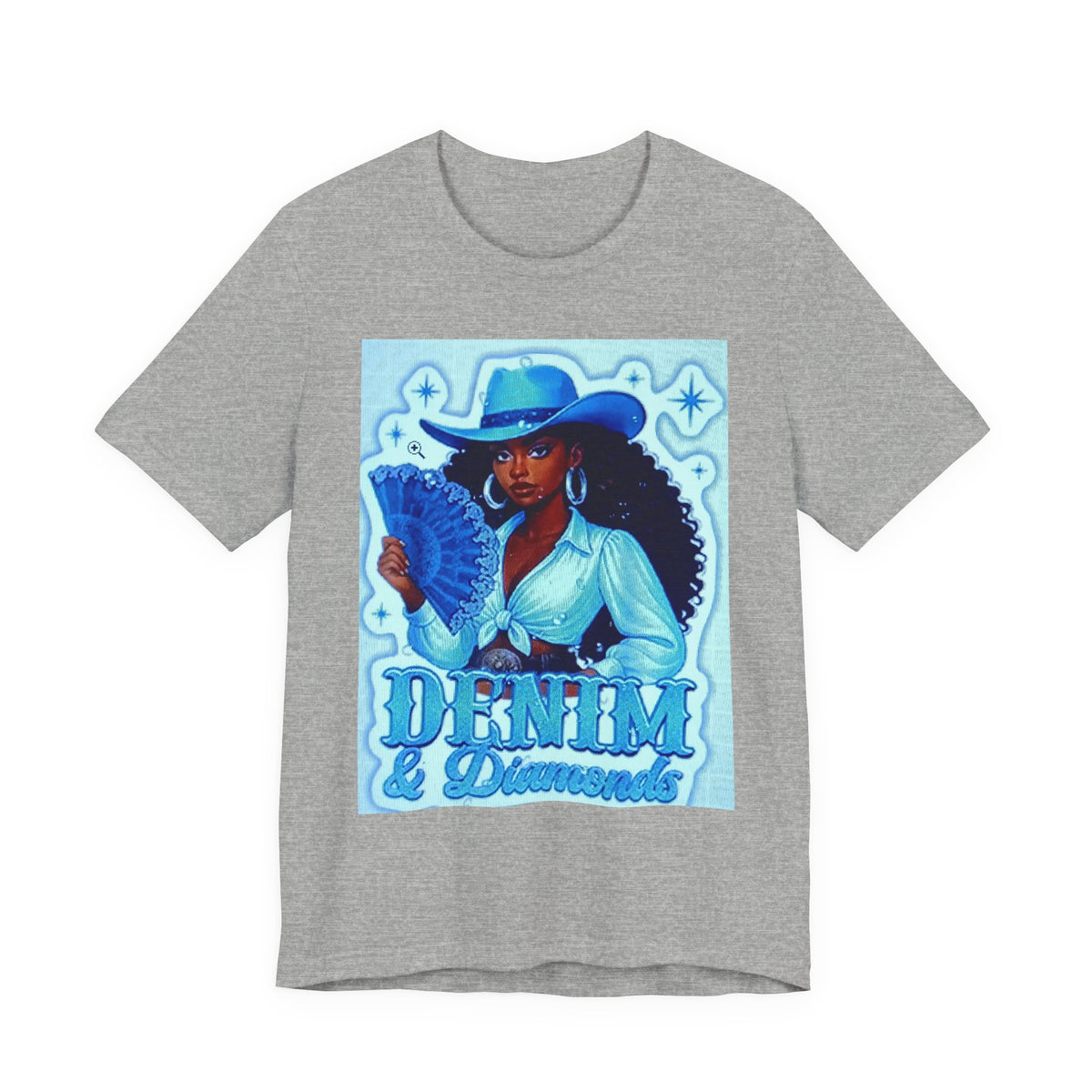 Denim & Diamonds Graphic T‑Shirt — Retro Blue Cowgirl Design