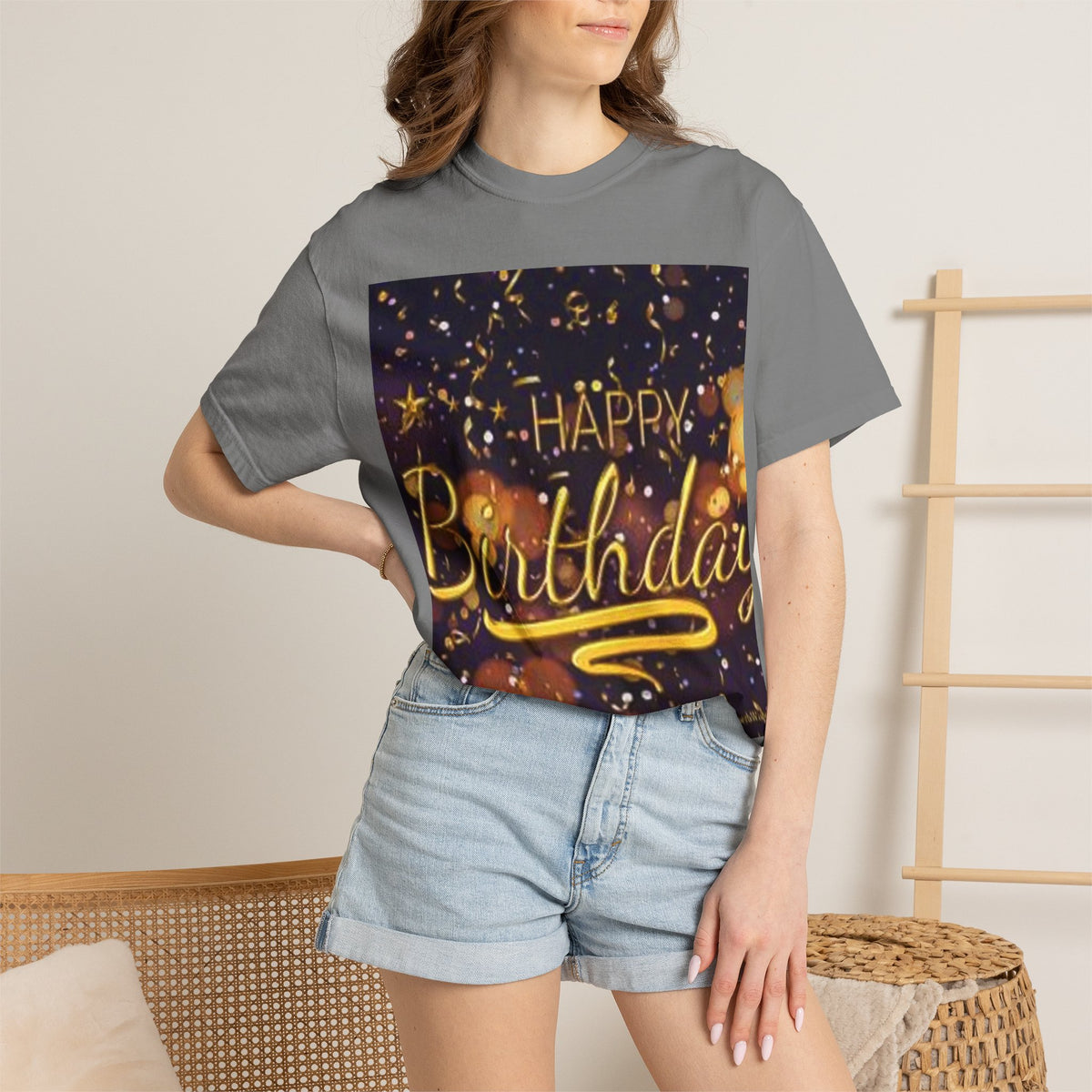 Birthday T-Shirt — Gold Confetti "Happy Birthday" Tee