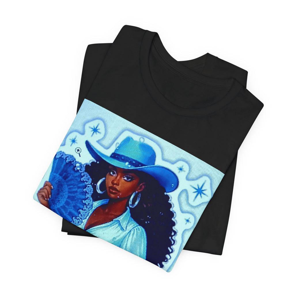 Denim & Diamonds Graphic T‑Shirt — Retro Blue Cowgirl Design