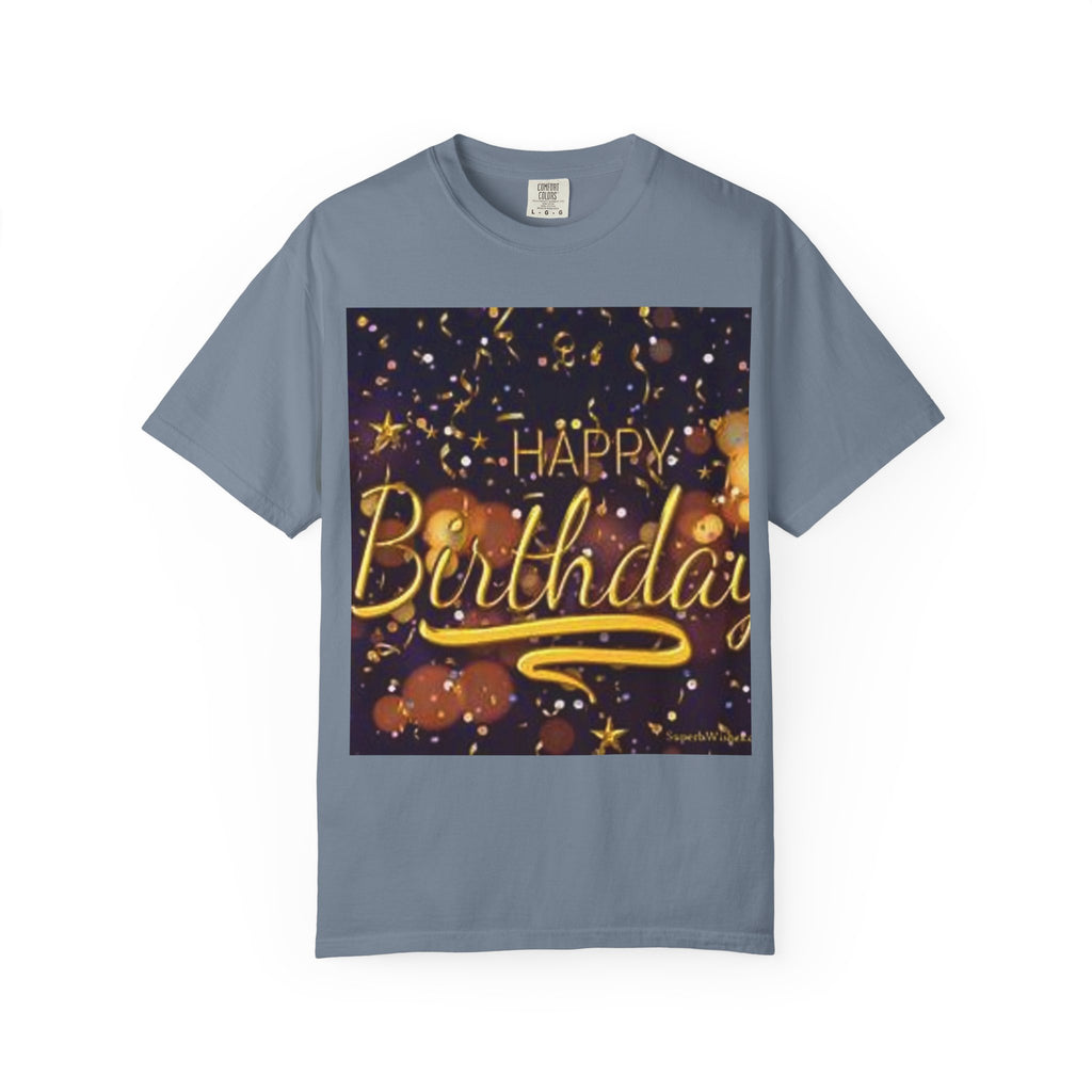 Birthday T-Shirt — Gold Confetti "Happy Birthday" Tee