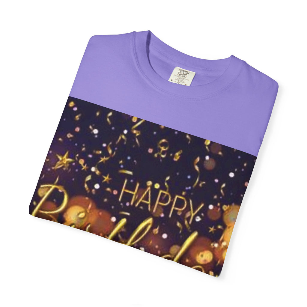 Birthday T-Shirt — Gold Confetti "Happy Birthday" Tee