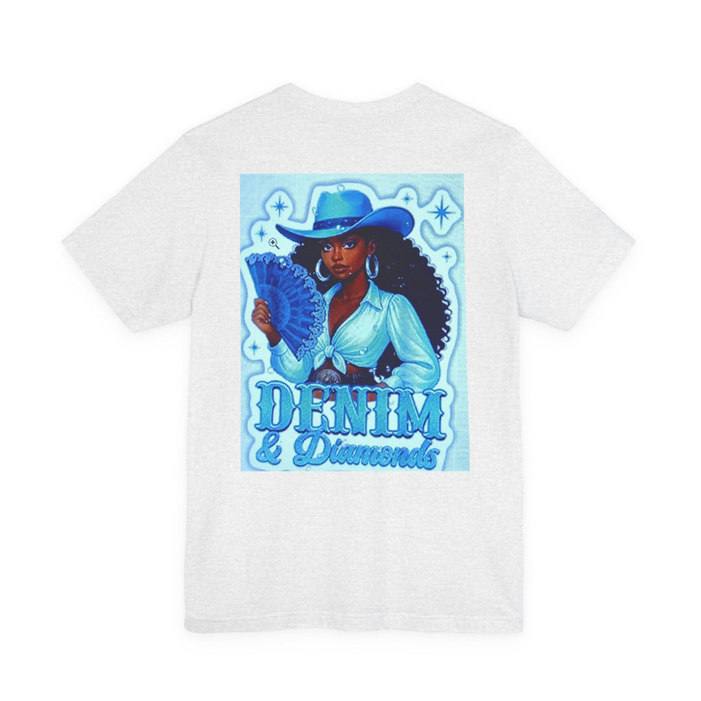 Denim & Diamonds Graphic T‑Shirt — Retro Blue Cowgirl Design
