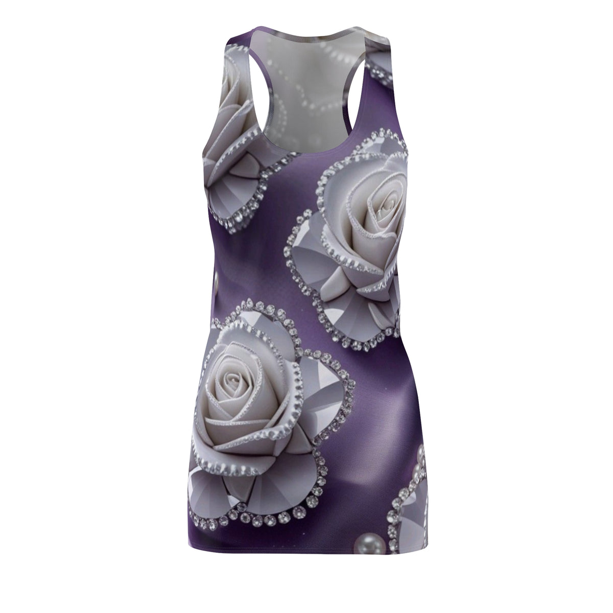 Purple Satin Rose Racerback Dress – White Pearl Floral Print