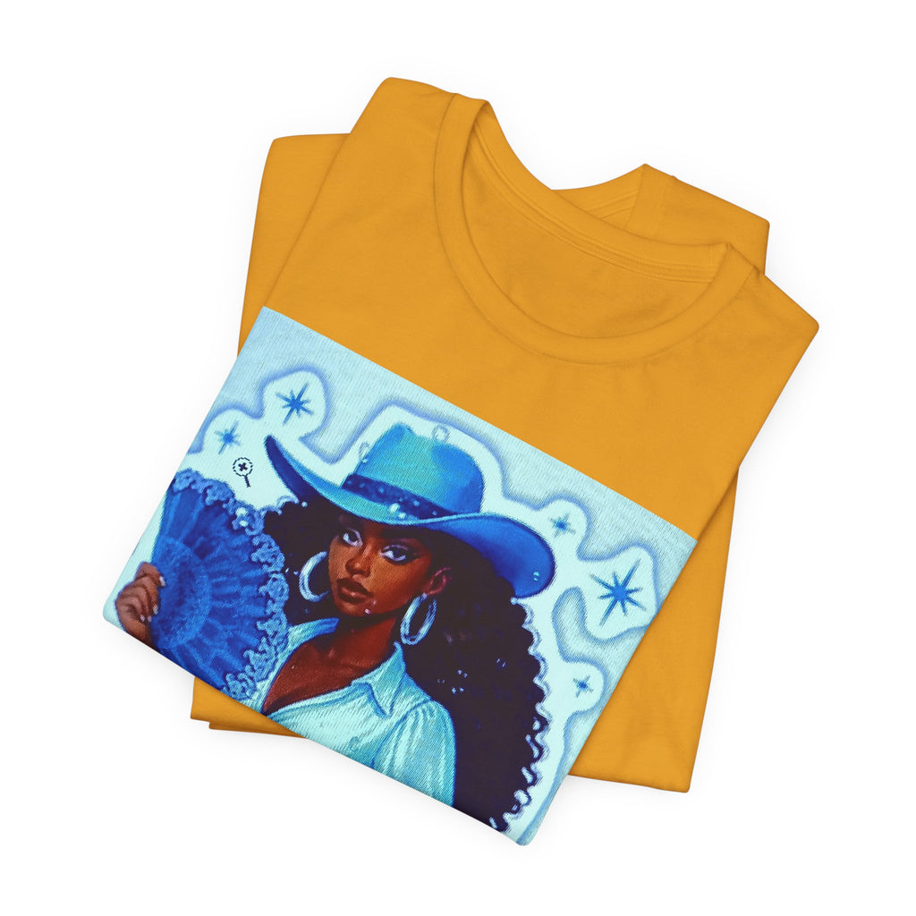 Denim & Diamonds Graphic T‑Shirt — Retro Blue Cowgirl Design