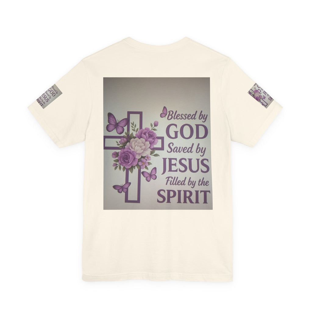 Blessed by God Christian T-Shirt — "Blessed by God, Saved by Jesus, Filled by the Spirit"