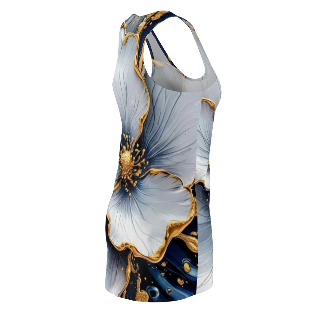 Floral Gold-Trim Racerback Dress – Elegant Blue & White Blossom AOP