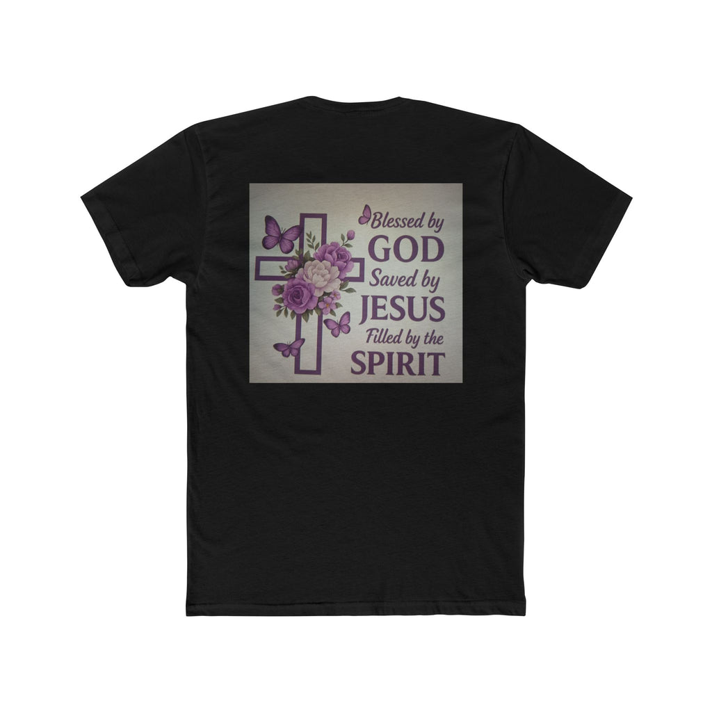 Christian Tee — "Blessed by God, Saved by Jesus, Filled by the Spirit" Floral Cross