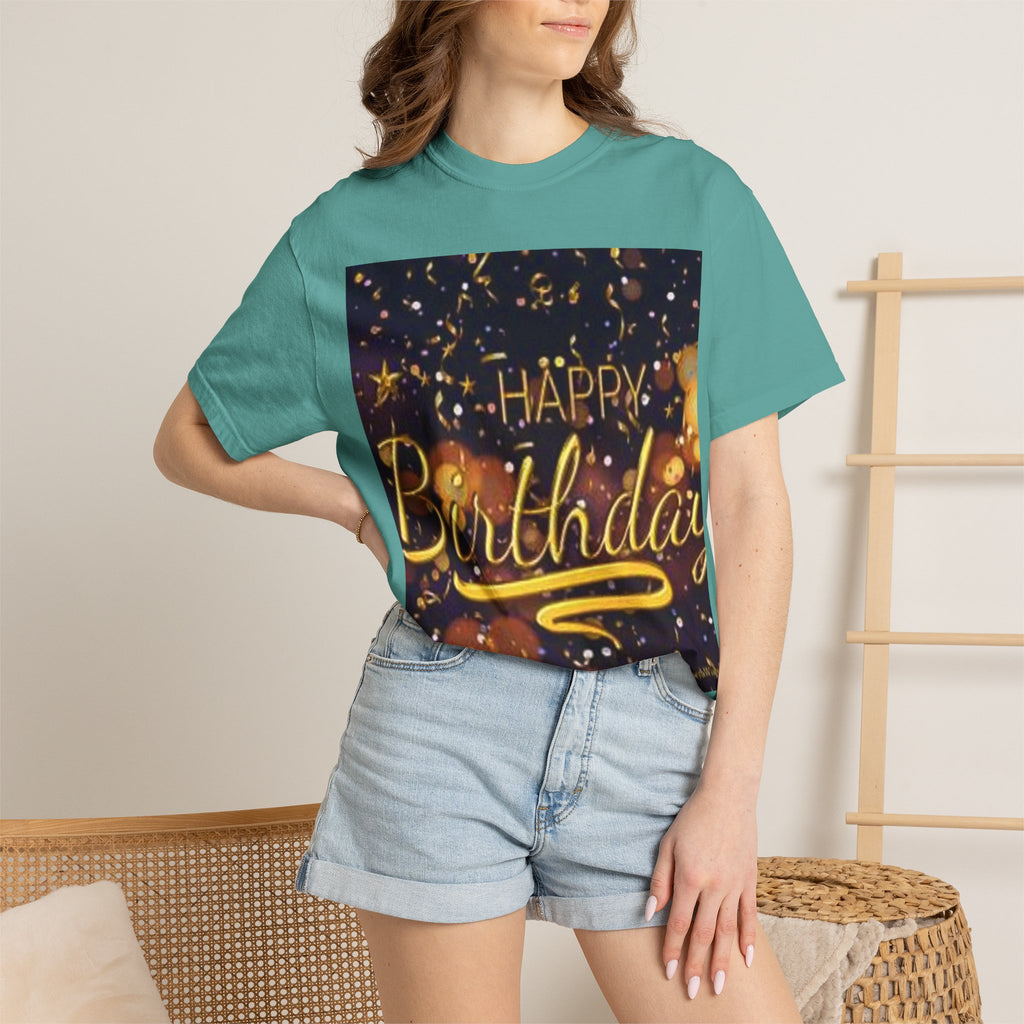 Birthday T-Shirt — Gold Confetti "Happy Birthday" Tee