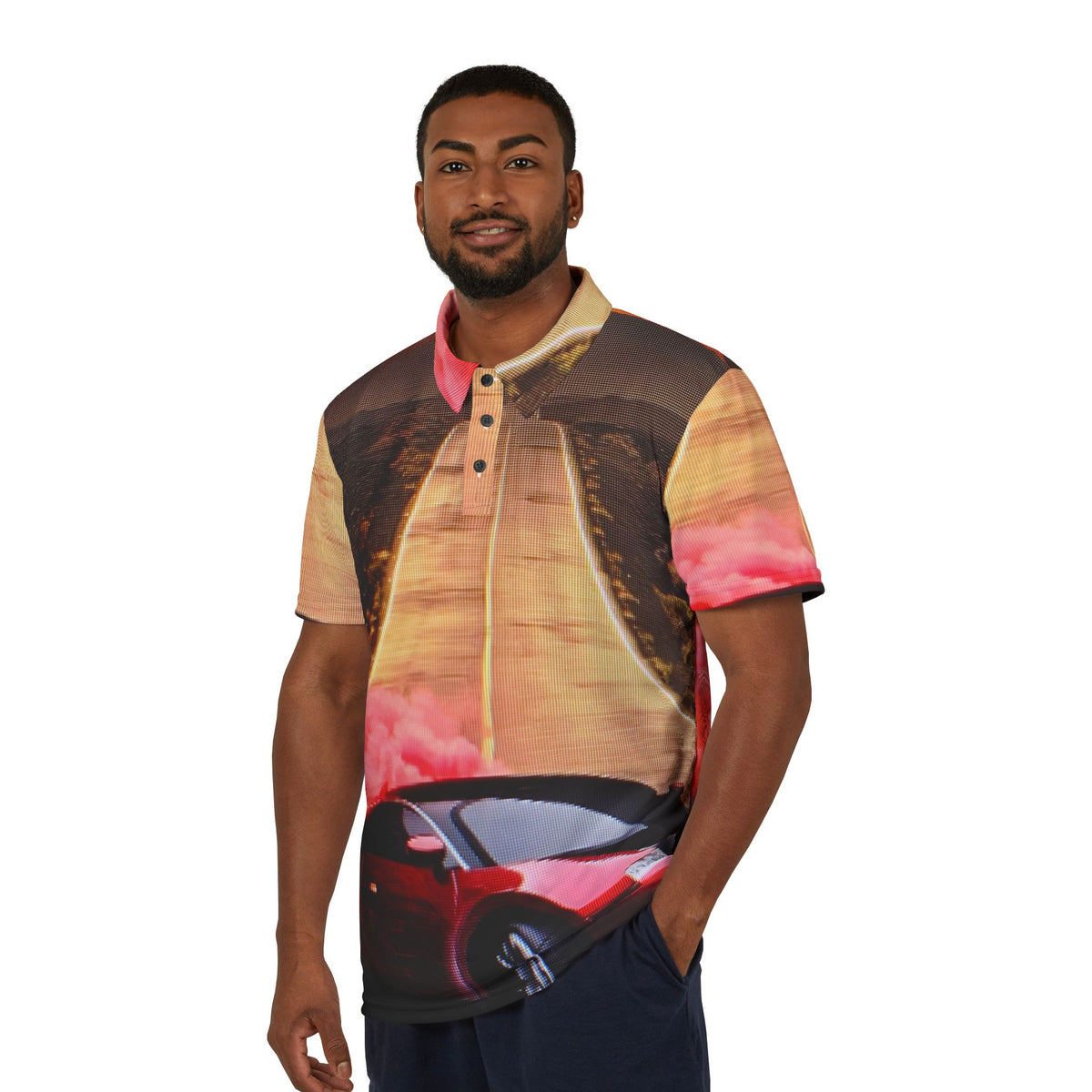 Roadtrip Sports Polo — Red Supercar Scenic All-Over-Print Polo Shirt